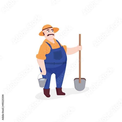 farmer in work dungarees holding bucket and shovel. Farming, gardening. Flat vector cartoon illustration