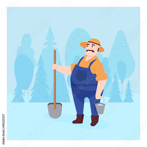 farmer in work dungarees holding bucket and shovel against the background of the forest. Farming, gardening. Flat vector cartoon illustration