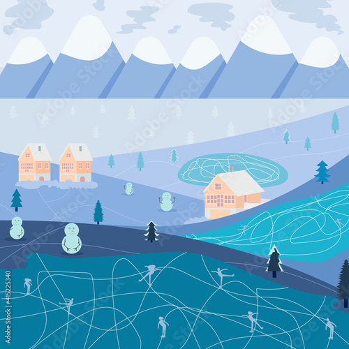 Landscape with snow-covered trees and walking people. Winter outdoor activities and sports. ice skating winter landscape. Happy winter holidays. seasonal vector illustration.