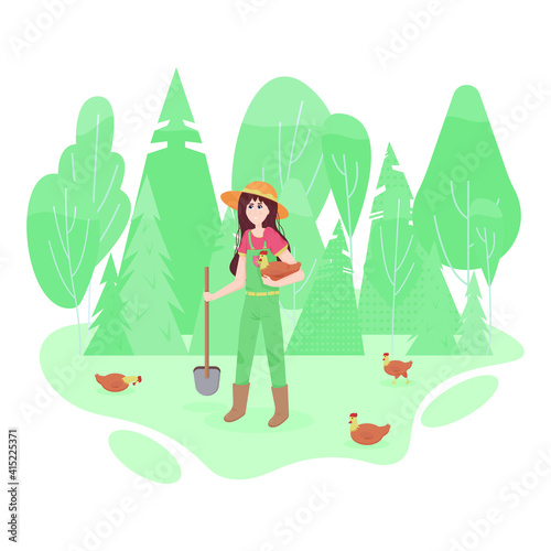 girl farmer holds chicken under the armpits against the background of the forest. vector illustration