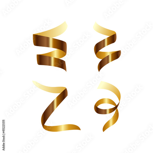 Serpentine set, gold color. Set of gold curling streamers or ribbons on white background. Elements for your birthday, holiday design, party greeting, festive carnival. Vector illustration.