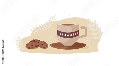 A mug with coffee and chocolate cookies. Hot drink. Vector illustration