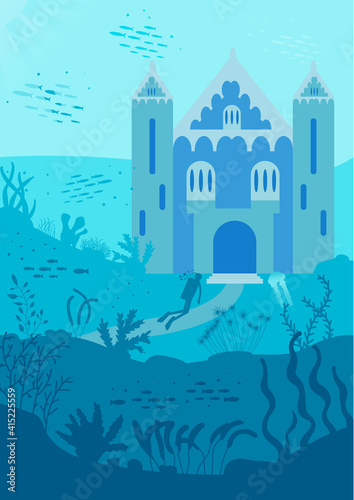 Underwater landscape. The castle is under water. background underwater world, sea ocean, fish animals, algae and coral reefs, vector illustration