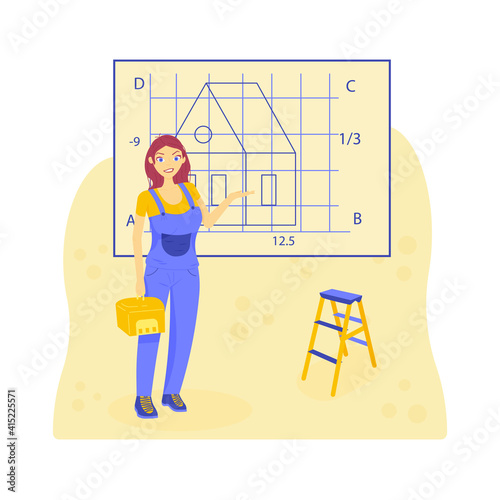 Cartoon Female Builder Holding box in hand. Over Abstract Plan Background. Flat Vector Illustration
