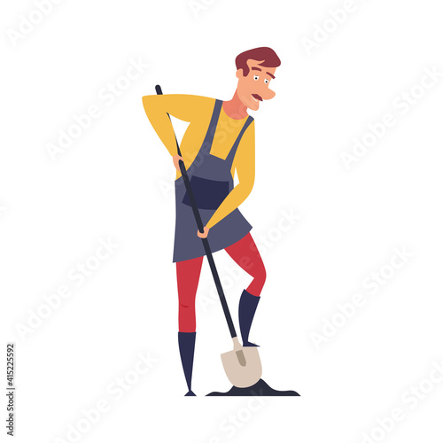 The farmer is digging in the ground. Vector illustration isolated on white background