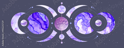 Modern magic witchcraft card with planets in outer space. Alcohol ink occult illustration