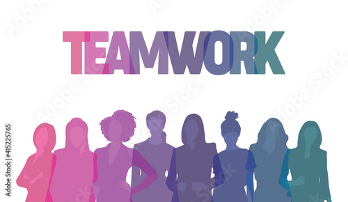 Business women figures, teamwork image, girl power colorful illustration, beautiful ladies silhouettes vectors