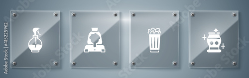 Set Clean vase, Full trash can, Cleaning lady service and Water spray bottle. Square glass panels. Vector.
