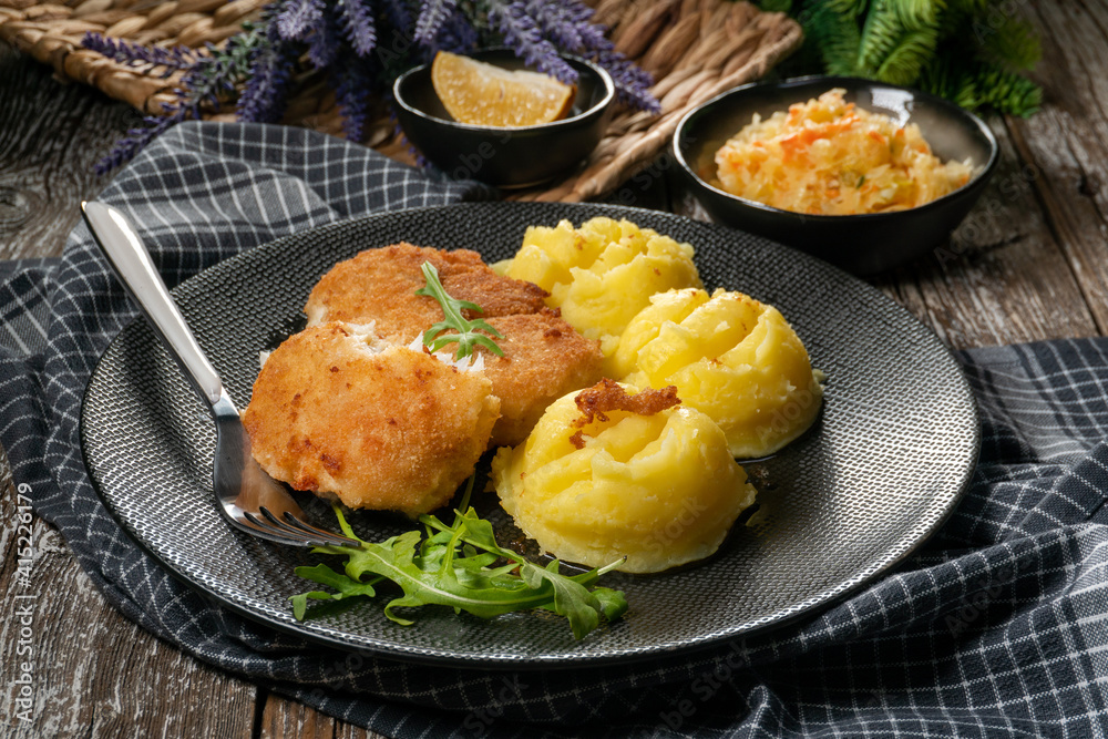 Fried cod fillet served. Fried cod fillet served.