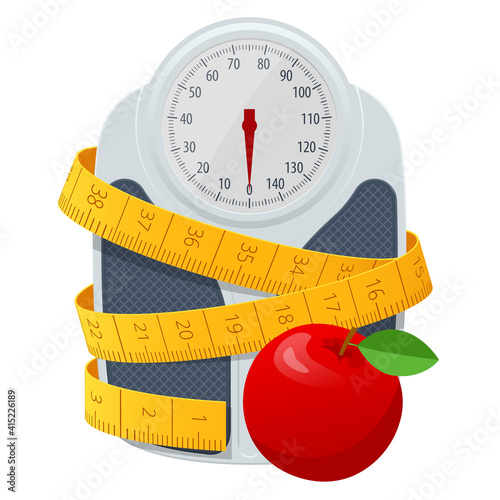 Bathroom scales, red apple and centimeter to measure on white background, top view. Weight loss, healthy lifestyles, diet, proper nutrition.