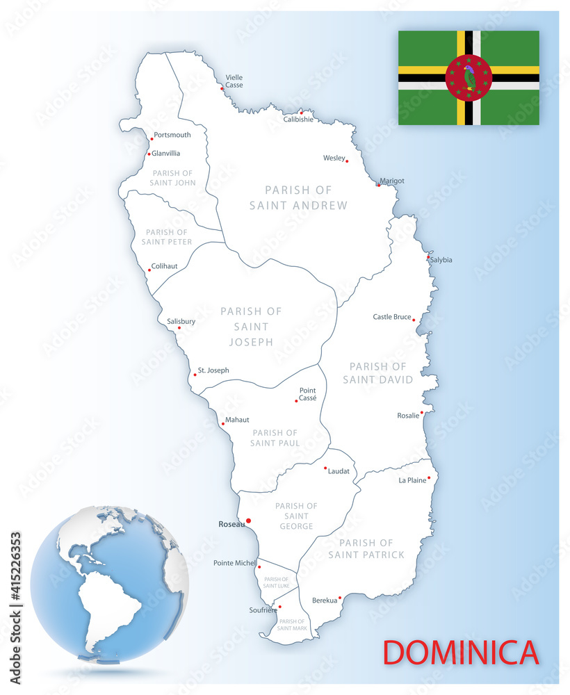 Detailed map of Dominica administrative divisions with country flag and location on the globe.
