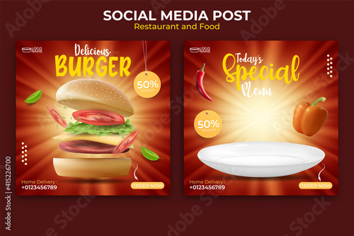 food or culinary banner ads design. editable social media post template. illustration vector with realistic burger.