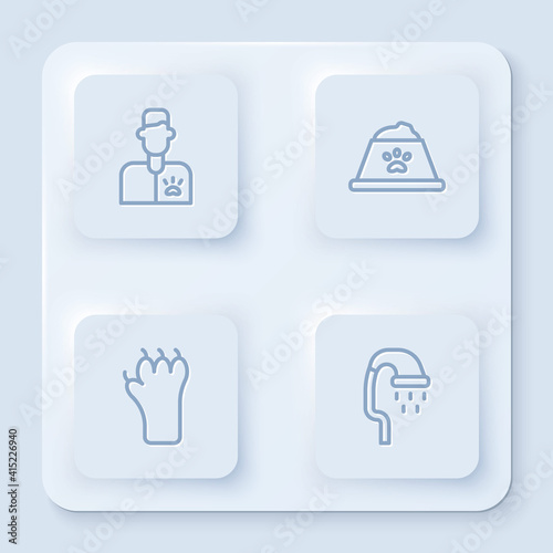 Set line Veterinarian doctor, Pet food bowl, Paw print and shower. White square button. Vector.