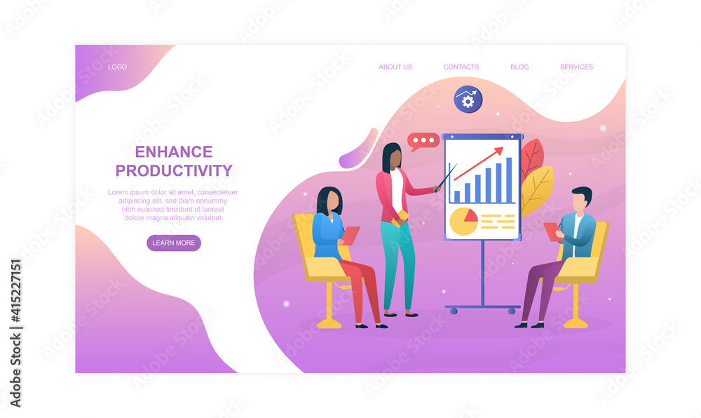 Male and female characters are offering solutions to enhance productivity. Effective teamwork and workforce management. Website, web page, landing page template. Flat cartoon vector illustration