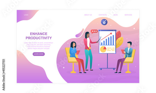 Male and female characters are offering solutions to enhance productivity. Effective teamwork and workforce management. Website, web page, landing page template. Flat cartoon vector illustration