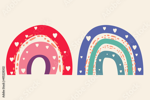 Vector cute rainbow in boho minimalistic style. Artistic modern arch shapes set with hearts cut off