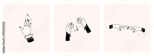 Celestial female hands with different accessories. Vector illustration in elegant bohemian linear style. Esoteric, mystical, magic emblem.