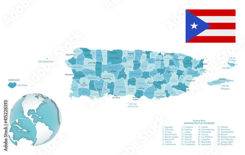 Puerto Rico administrative blue-green map with country flag and location on a globe.
