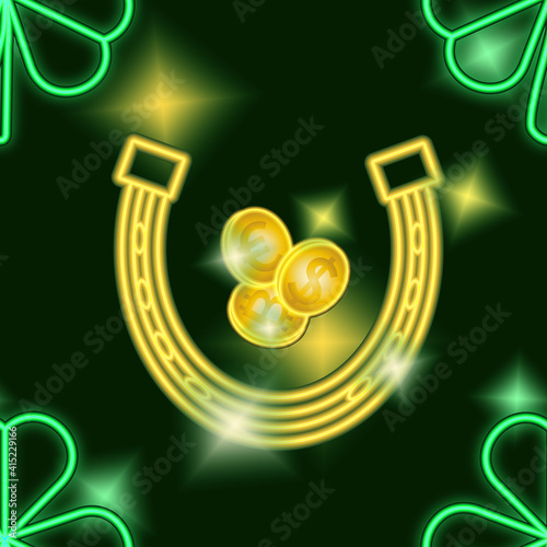Seamless raster pattern for St. Patrick's Day. Green leaves of clover and gold horseshoes with coins. Neon on a dark green background.