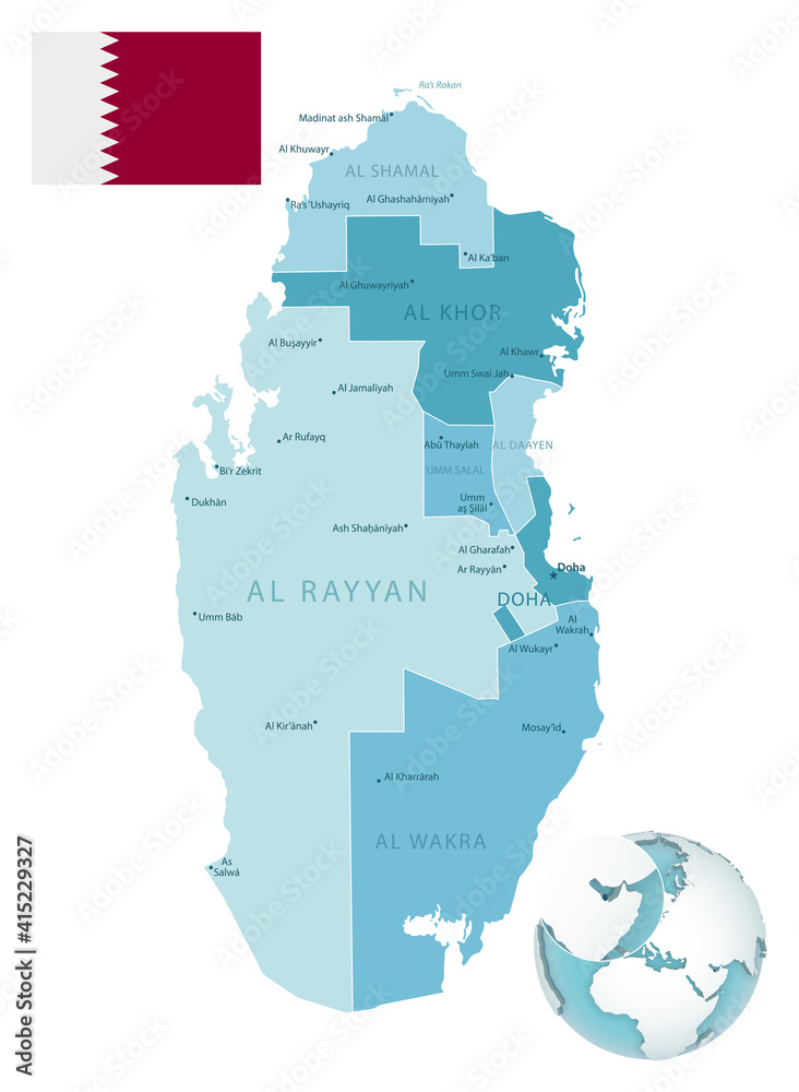 Qatar Definition Qatar administrative blue-green map with country flag and location on a ...