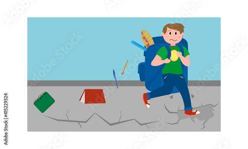 Boy with a huge school bag who is losing school objects on the street