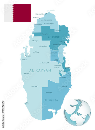 Qatar administrative blue-green map with country flag and location on a globe.