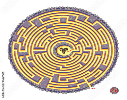 Help the minotaur find the way out of legendary Daedalus labyrinth. Logic puzzle game with maze for children and adults. Worksheet for kids brain teaser book. IQ test. Play online.