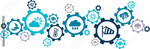 weather forecast / weather report vector illustration. Concept with icons related to weather forecasting, meteorology, climate reporting.