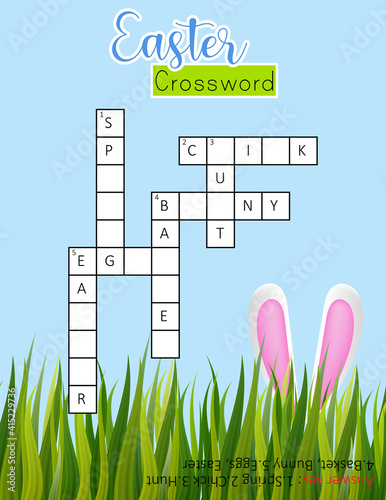 Easter crossword. Educational game for kids.  Spring puzzle suitable for social media post. Сolorful worksheet for learning English words. Bunny ears and grass. Vector illustration