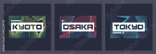 Set of abstract geometric t-shirt vector designs, graphic prints. Kyoto, Osaka, Tokyo