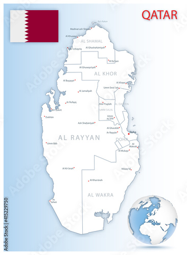 Detailed Qatar administrative map with country flag and location on a blue globe. Vector illustration