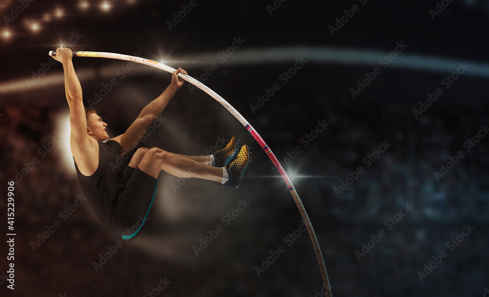Professional pole vaulter training at the stadium in the evening. Sports banner. - obrazy, fototapety, plakaty 