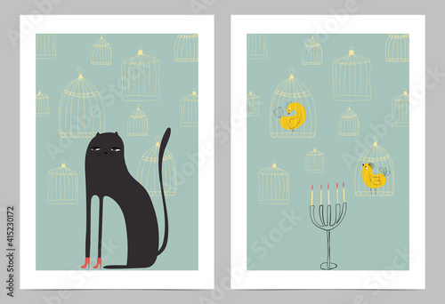 A set of creative hand painted compositions with a cat, bird cages and a candle holder. Abstract minimalistic illustrations are suitable for postcards, covers, posters. The objects are uncut and are e