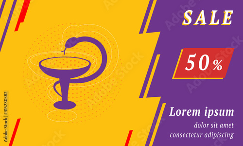 Sale promotion banner with place for your text. On the left is the medicine symbol. Promotional text with discount percentage on the right side. Vector illustration on yellow background