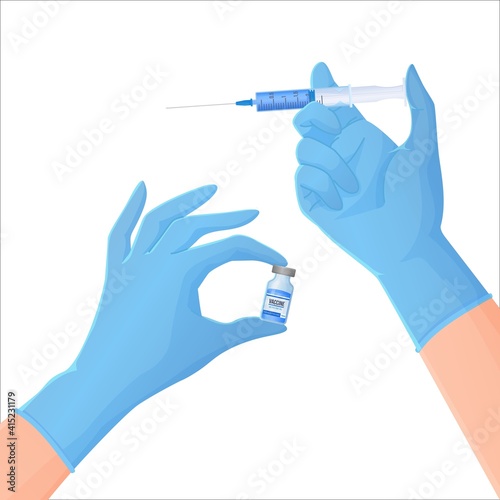 Hands in blue protective gloves holding a vial with medcine and syringe. Vaccination, doctor, clinic help, injection concept. Illustration in cartoon realistic style isolated on white background.