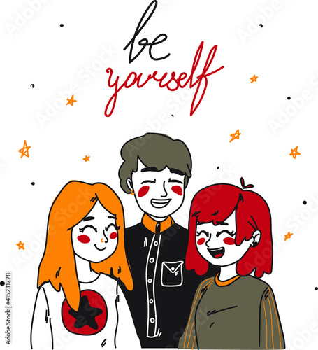 Be yourself illustration. People with a non-standard appearance, orientation or hobbies who are not ashamed of it