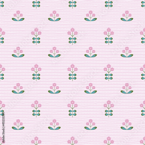 Small Scale Scandinavian Floral Pattern Background. Pink and Green Print.