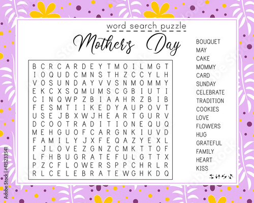 Mother's Day word search puzzle.  Educational game for kids.  Crossword suitable for social media post. Сolorful worksheet for learning English words. Vector illustration