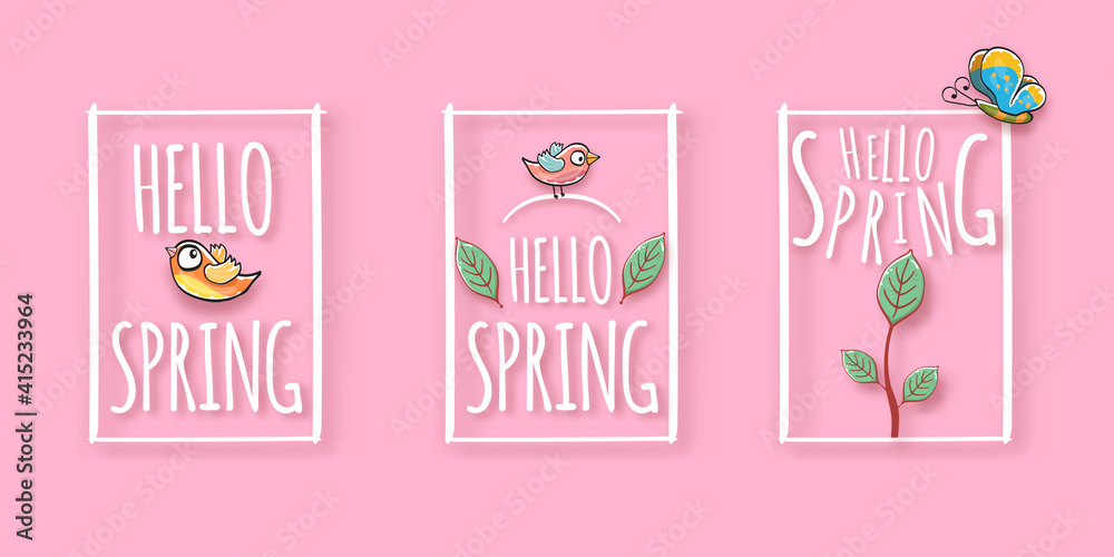 Fototapeta premium Hello spring frame set with spring birds and flowers on soft pink background. Hello spring simple cut paper style illustration design template