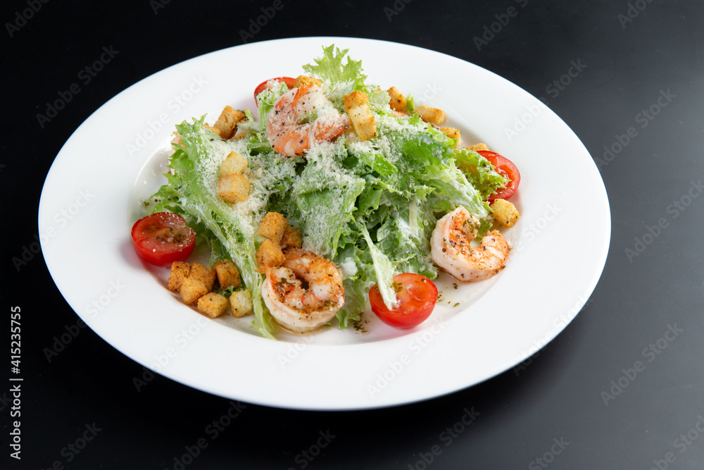Seafood Caesar Salad with Shrimps, Salad Leaf, Croutons, Seafood Caesar Salad with Shrimps, Salad Leaf, Croutons,