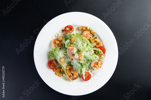 Seafood Caesar Salad with Shrimps, Salad Leaf, Croutons,