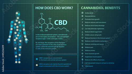 How does CBD works, poster in digital style with infographics, cannabidiol chemical formula and cannabidiol benefits list