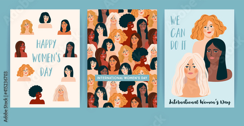 International Women s Day. Set of vector templates with women different nationalities and cultures.