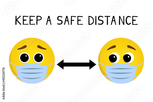 Vector illustration with a warning about preventive measures. Emojis keep their distance. Virus Protection warning concept