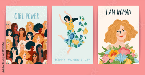 International Women s Day. Set of vector templates with women different nationalities and cultures.