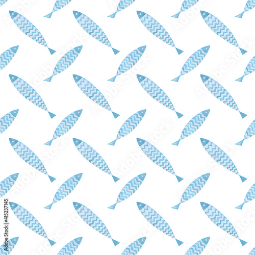 Cute colorful f seamless pattern Sardine. Watercolor, hand drawn. Blue colors, isolated on white background. Good for kids fabric, textile, wrapping paper, wallpaper, prints