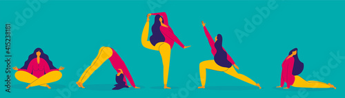 Woman practicing yoga. Set of different yoga poses. Stay fit at home concept. Modern vector flat design illustration.