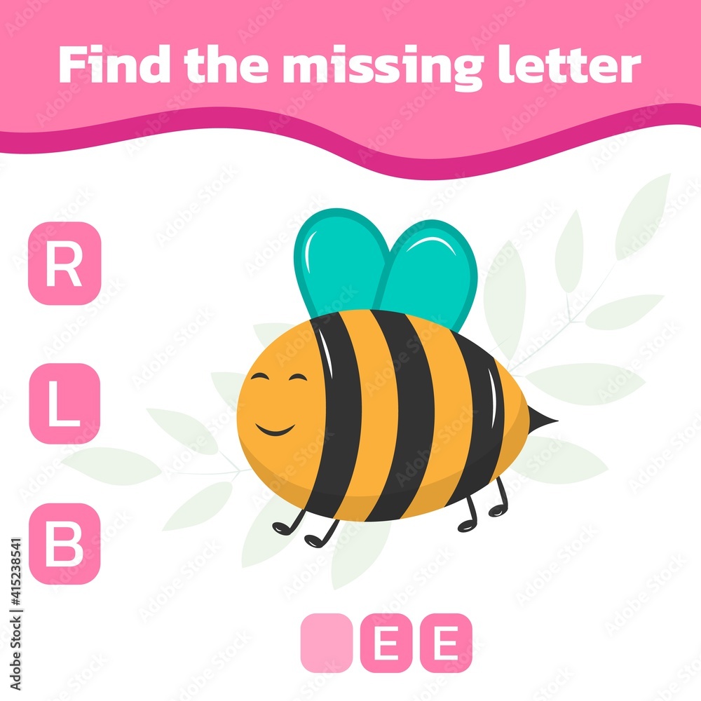 Find the missing letter. Cute cartoon bee. Educational spelling game for kids. Practicing English alphabet. Vector illustration.