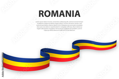 Waving ribbon or banner with flag of Romania