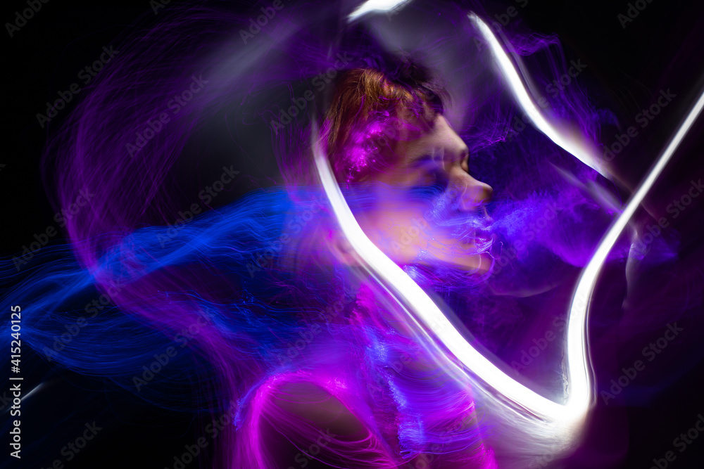 lightpainting portrait, new art direction, long exposure photo without photoshop, light drawing at long exposure